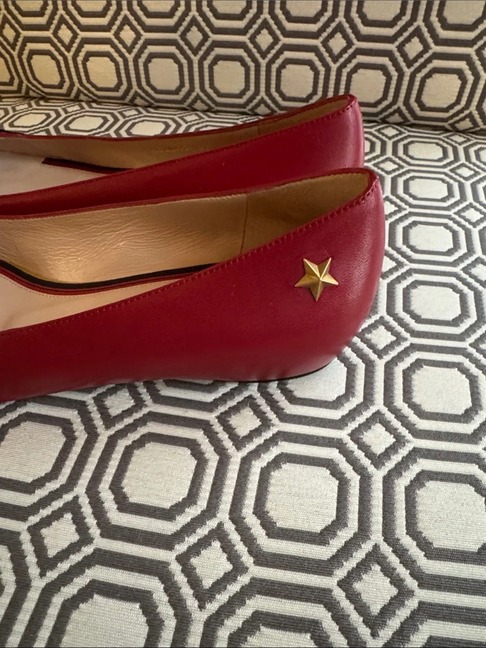 Gucci Red Leather Flats with Navy Ribbon Bow